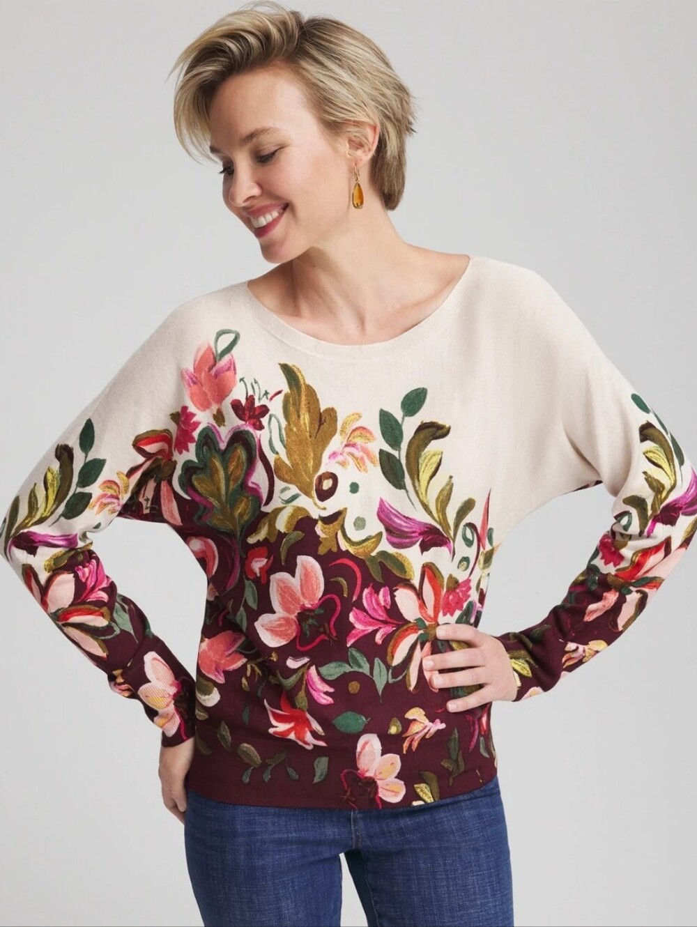 Chico's 2 Ella Dolman Pullover Floral Crewneck Sweater Cream Burgundy Large New